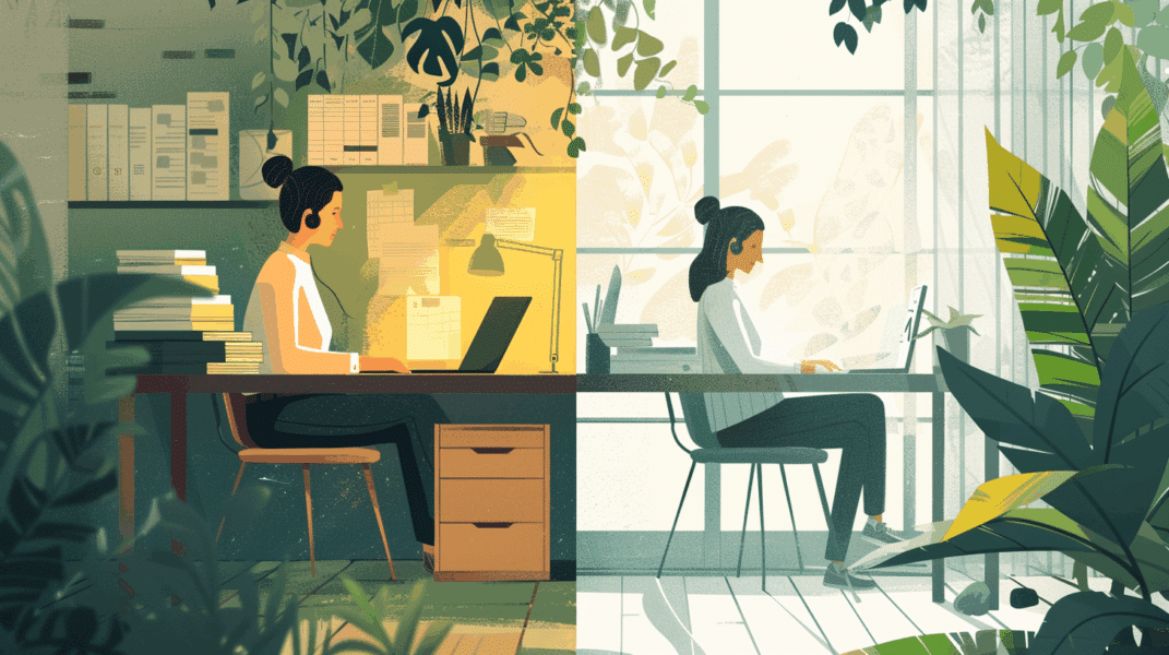 Illustration of professional woman. On the left she is working inside a building with interior lights and on the right she is shown working near a window with bright natural light suggesting a transition from a stressful environment to a peaceful environment.